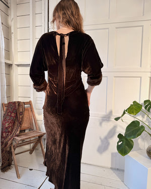 30s Fur Trim Velvet Gown | M