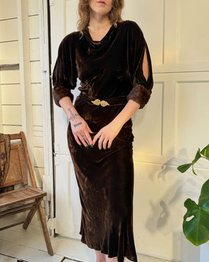 30s Fur Trim Velvet Gown | M