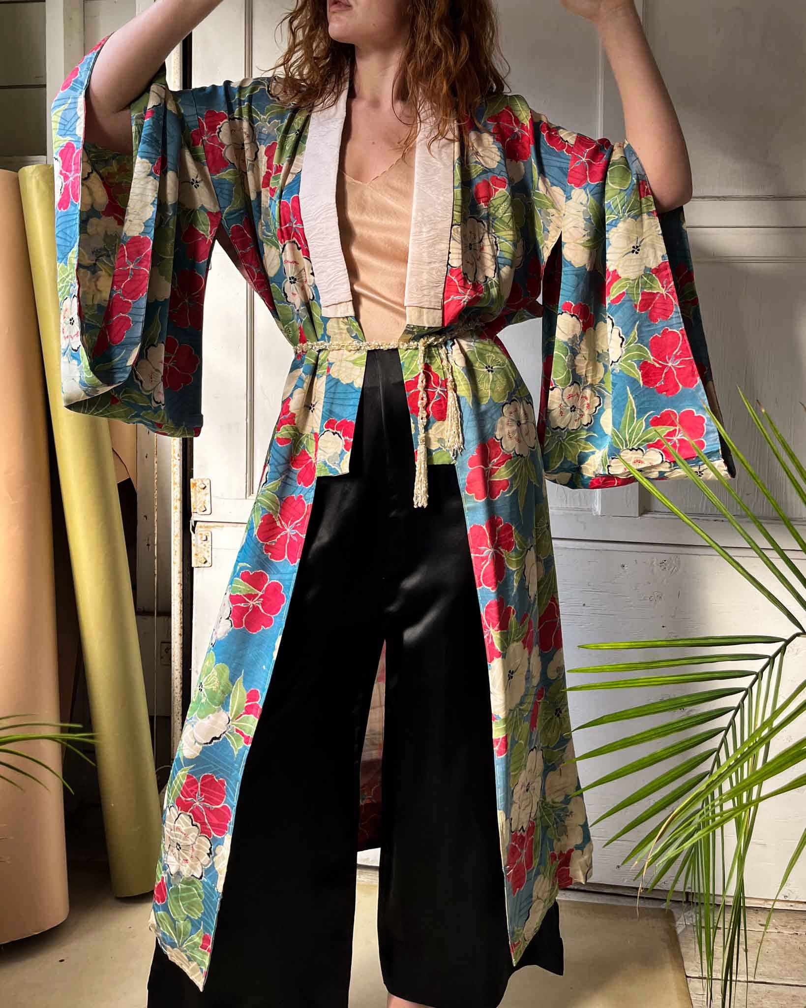 30s-40s Floral Silk Kimono | S-L