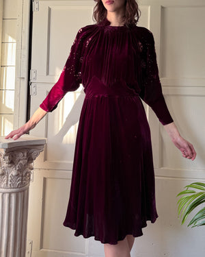 30s Studded Silk Velvet Dress | M