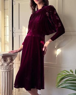 30s Studded Silk Velvet Dress | M