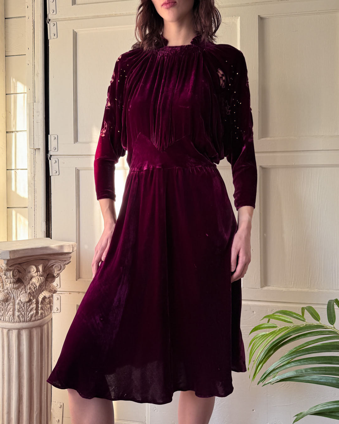 30s Studded Silk Velvet Dress | M - Lucky Vintage 30s Studded Silk Velvet Dress | M - Lucky Vintage