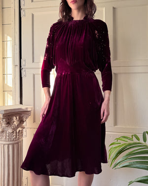 30s Studded Silk Velvet Dress | M