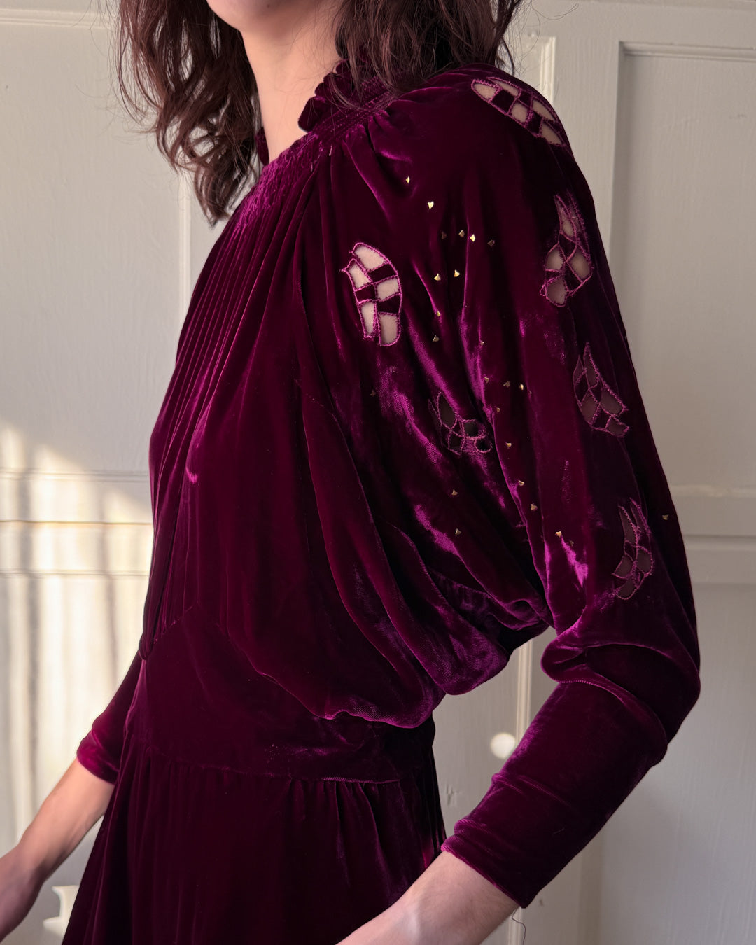 30s Studded Silk Velvet Dress | M - Lucky Vintage 30s Studded Silk Velvet Dress | M - Lucky Vintage