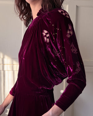 30s Studded Silk Velvet Dress | M