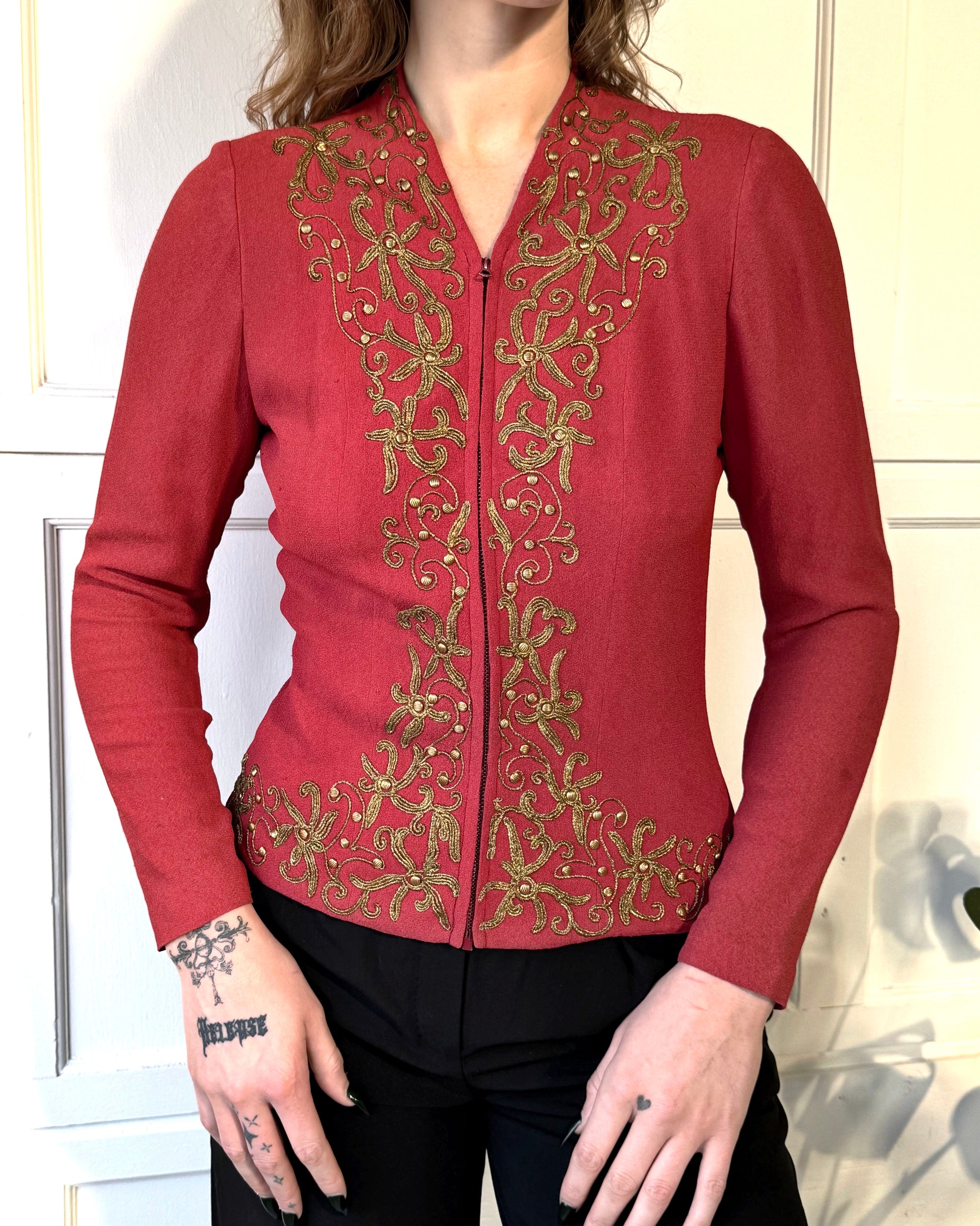 30s Studded Crepe Zip Up Blouse| M