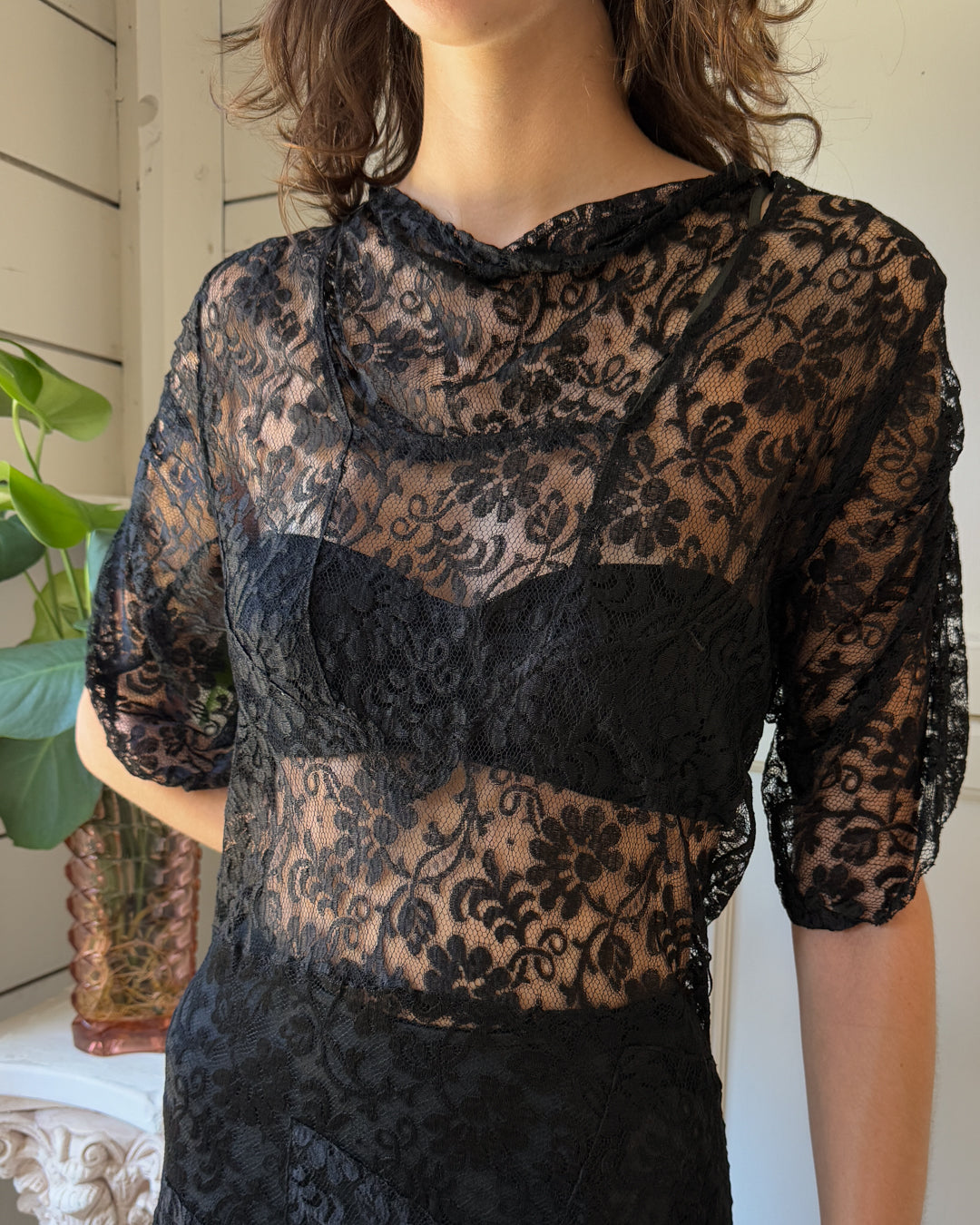 30s Black Lace Gown | S