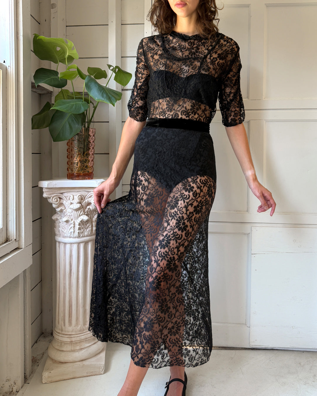 30s Black Lace Gown | S