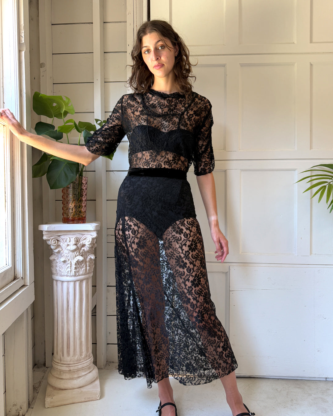30s Black Lace Gown | S