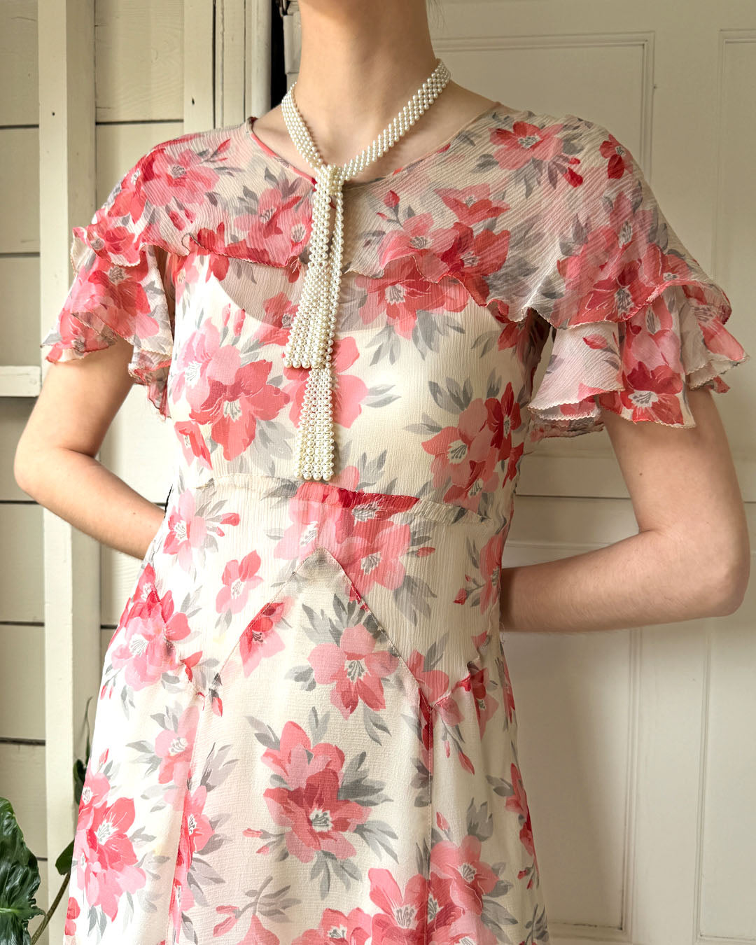 30s Floral Silk Chiffon Dress | S