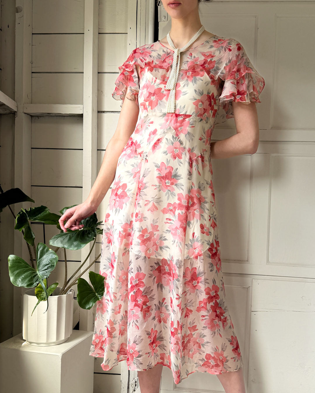30s Floral Silk Chiffon Dress | S