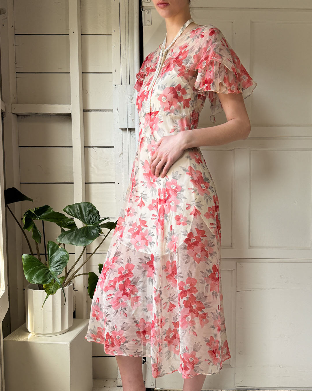 30s Floral Silk Chiffon Dress | S