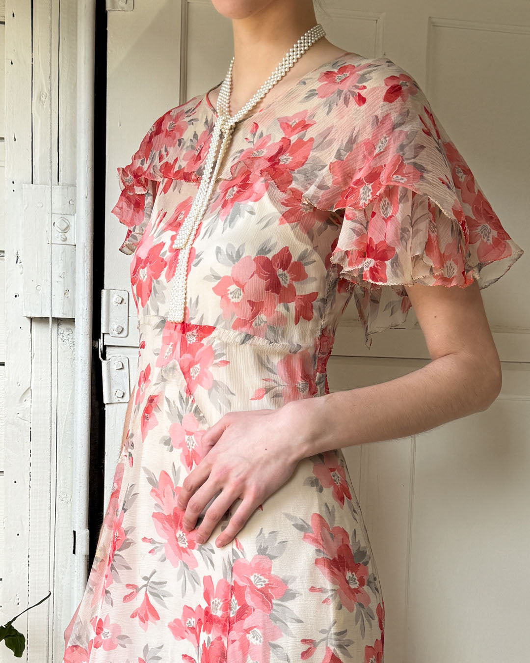 30s Floral Silk Chiffon Dress | S - Lucky Vintage