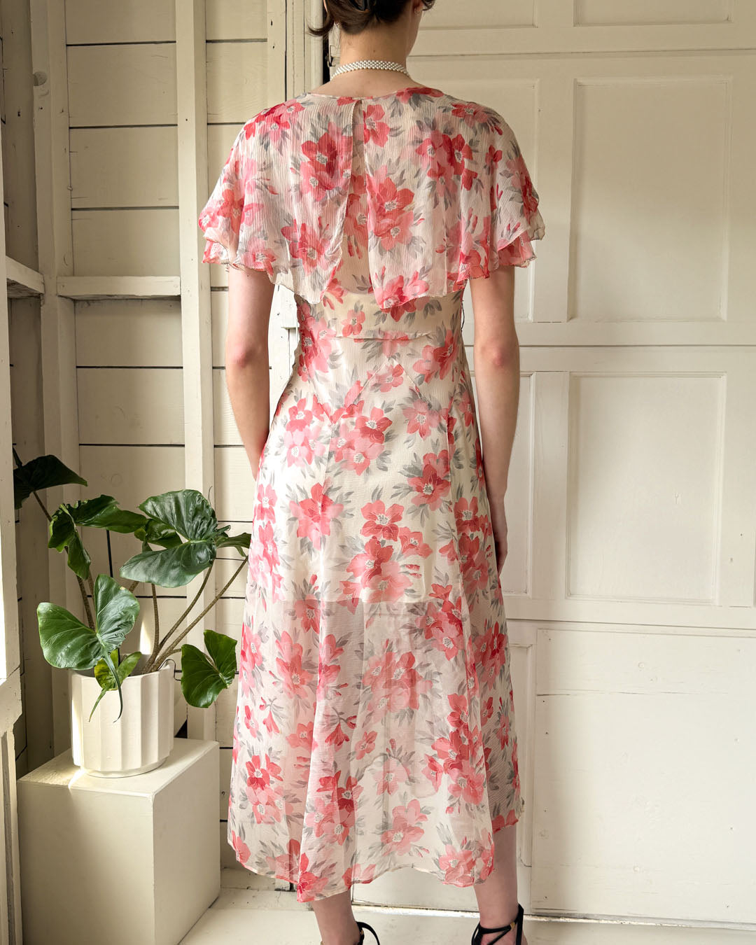 30s Floral Silk Chiffon Dress | S
