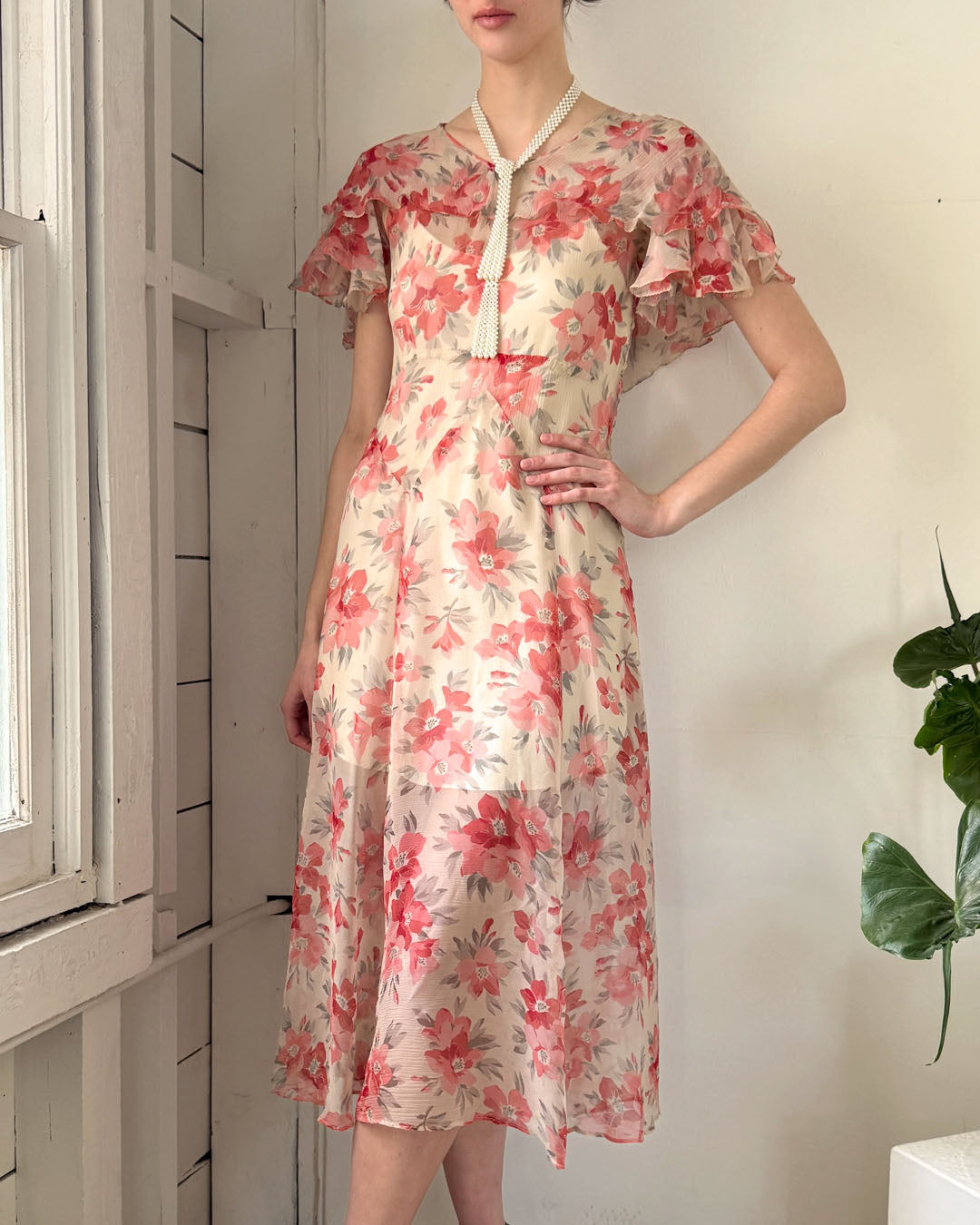 30s Floral Silk Chiffon Dress | S