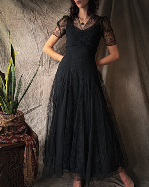 40s Black Net Lace Gown | S