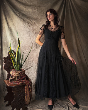 40s Black Net Lace Gown | S
