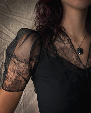 40s Black Net Lace Gown | S