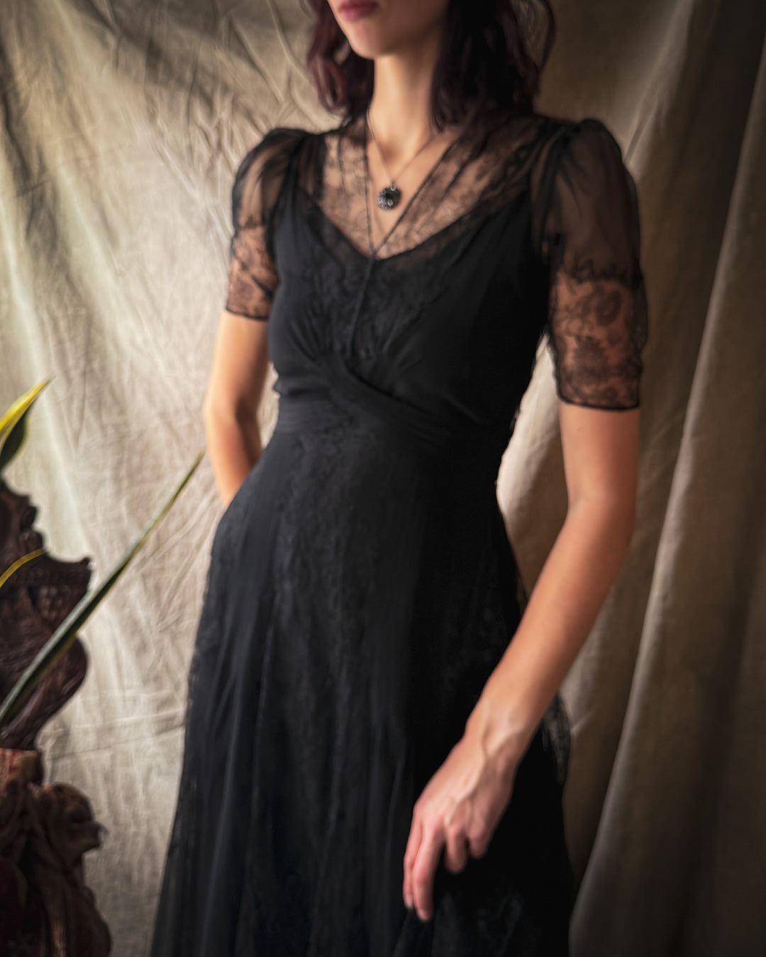 40s Black Net Lace Gown | S