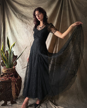 40s Black Net Lace Gown | S