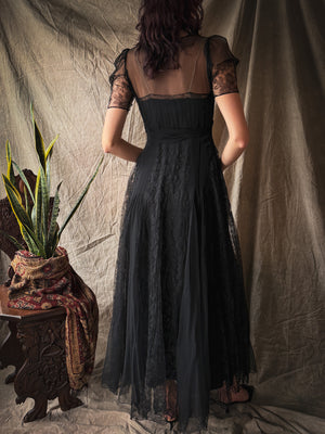 40s Black Net Lace Gown | S