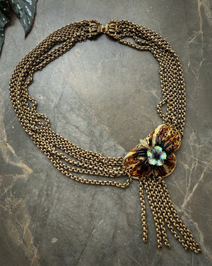 40s Brass Floral Tassel Necklace