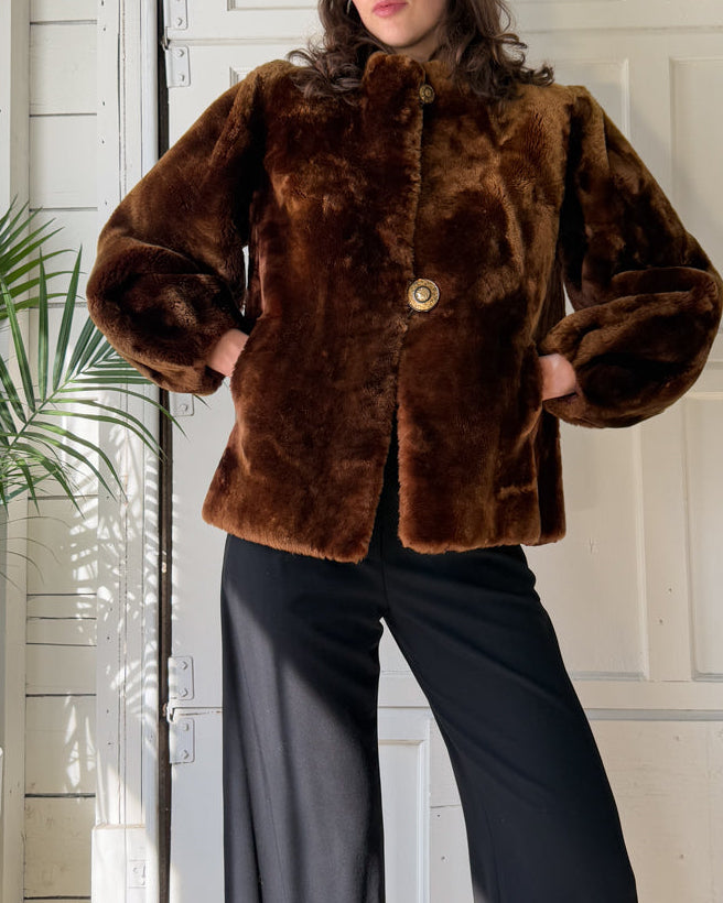 40s Balloon Sleeve Mouton Fur Coat | M