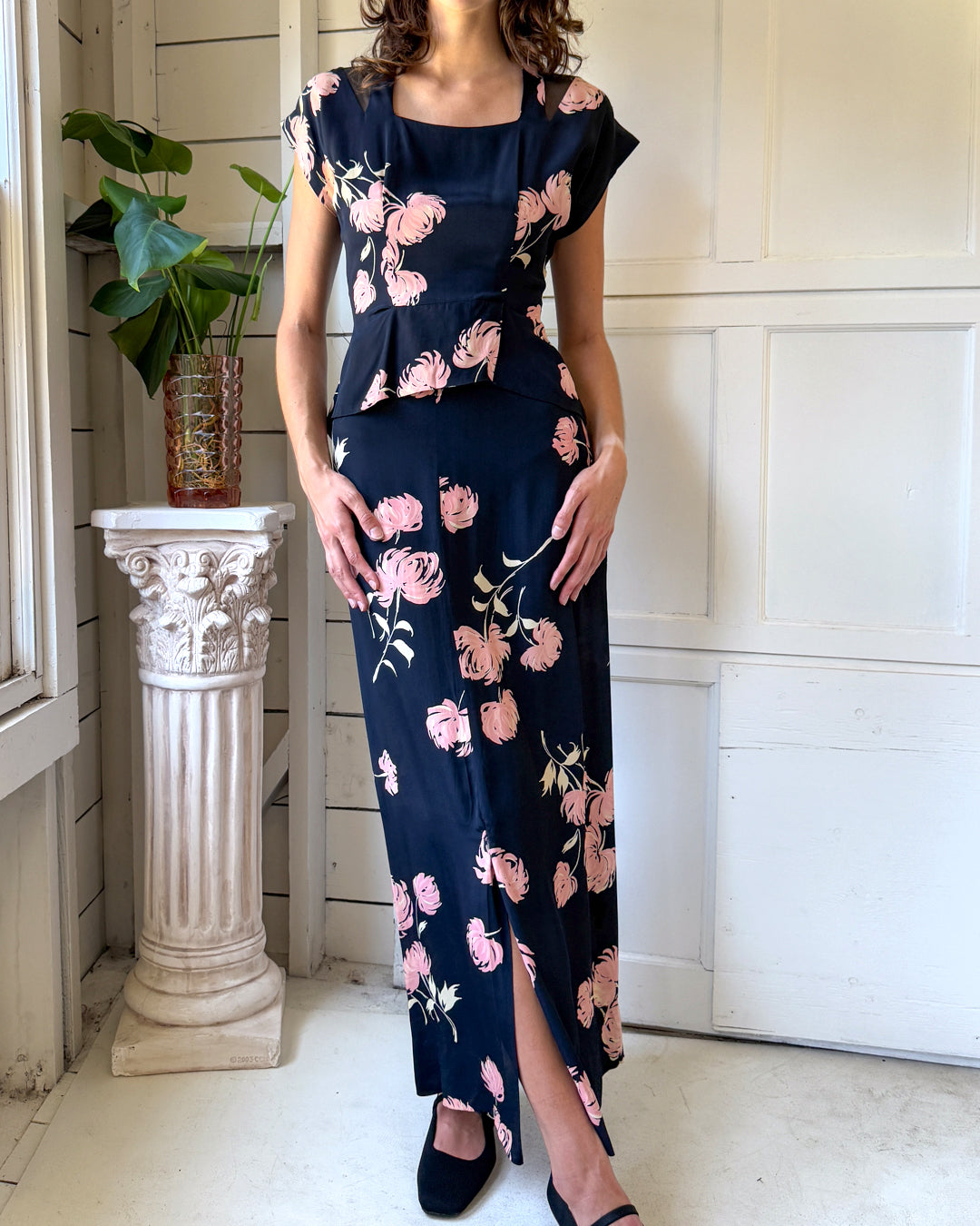 40s Floral Peplum Top & Skirt Ensemble | M