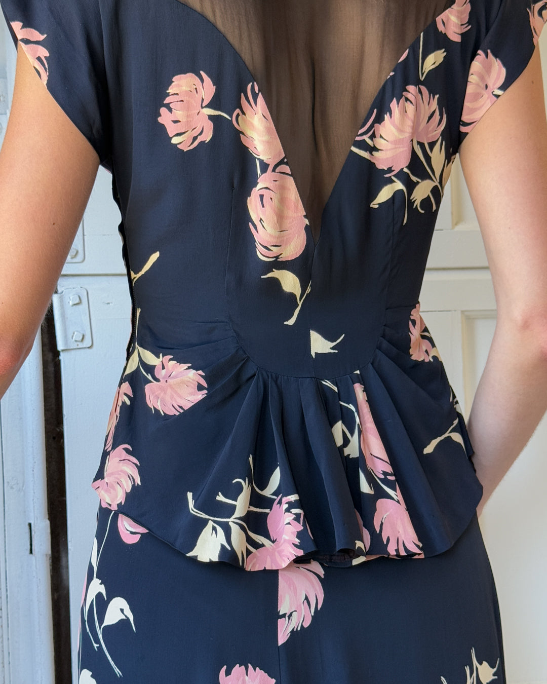 40s Floral Peplum Top & Skirt Ensemble | M