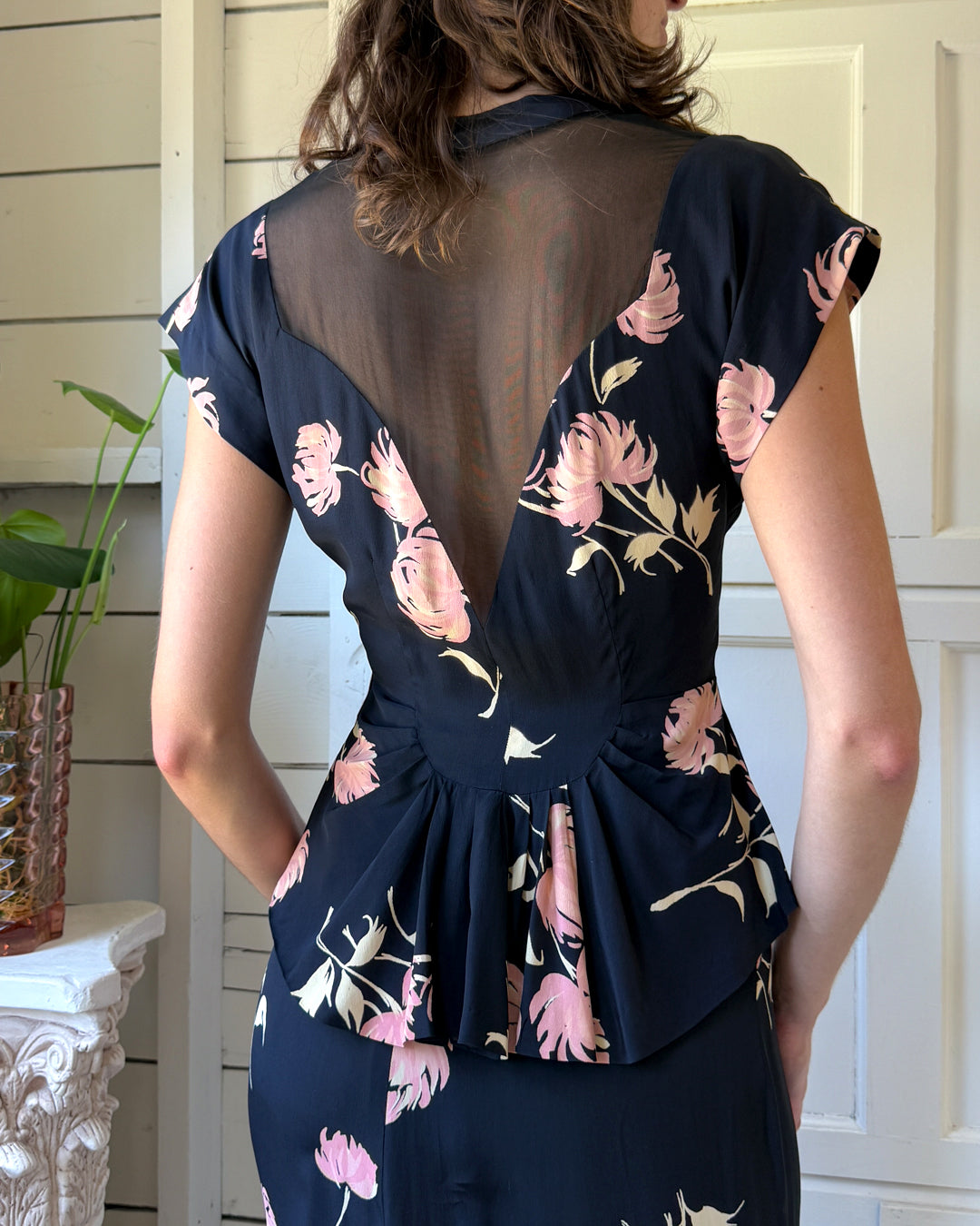 40s Floral Peplum Top & Skirt Ensemble | M