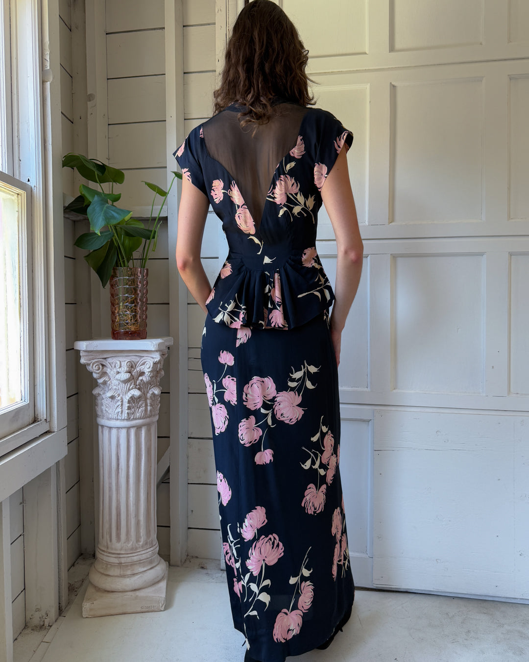 40s Floral Peplum Top & Skirt Ensemble | M