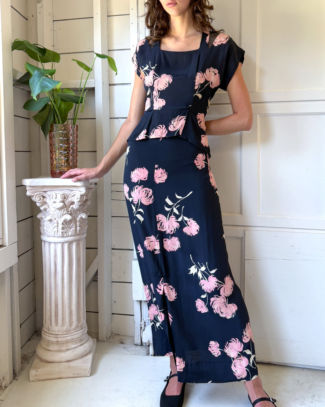 40s Floral Peplum Top & Skirt Ensemble | M