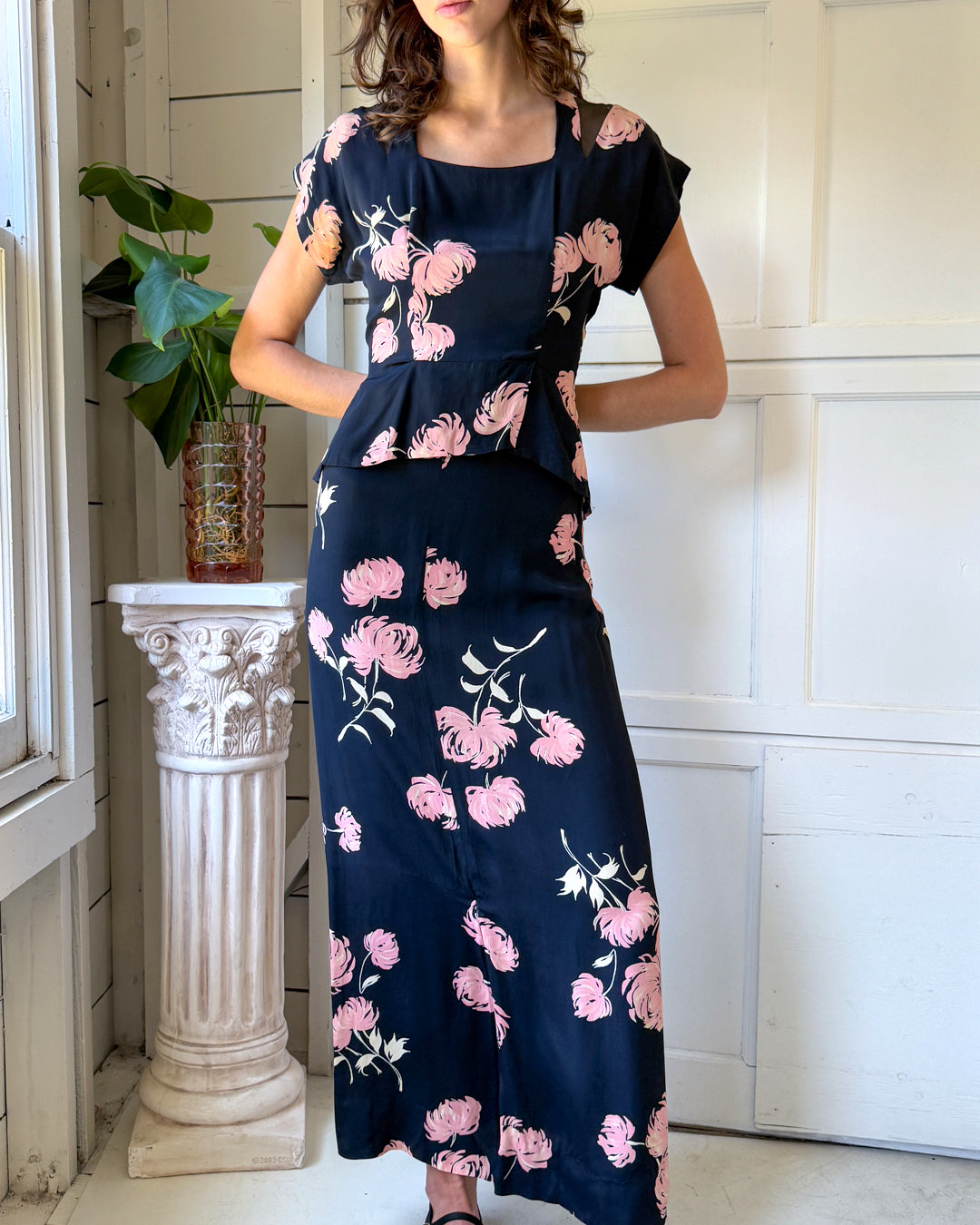 40s Floral Peplum Top & Skirt Ensemble | M