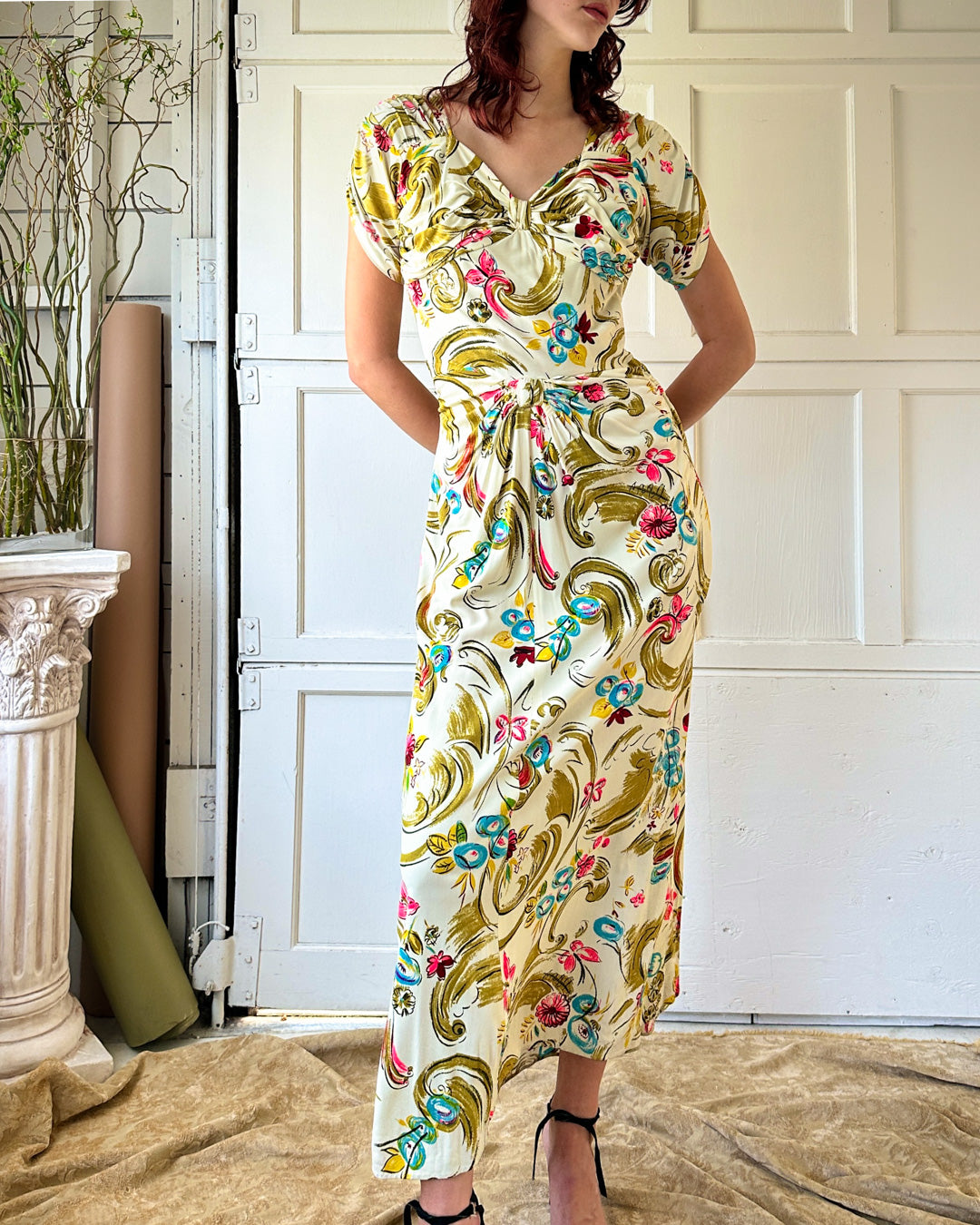 40s Rayon Jersey Gown | M