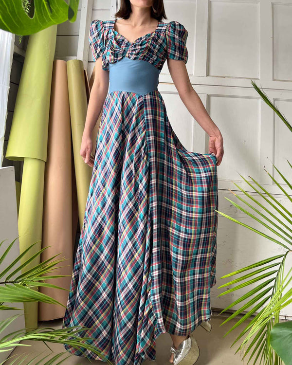 40s Plaid Puff Sleeve Gown | XS-S - Lucky Vintage