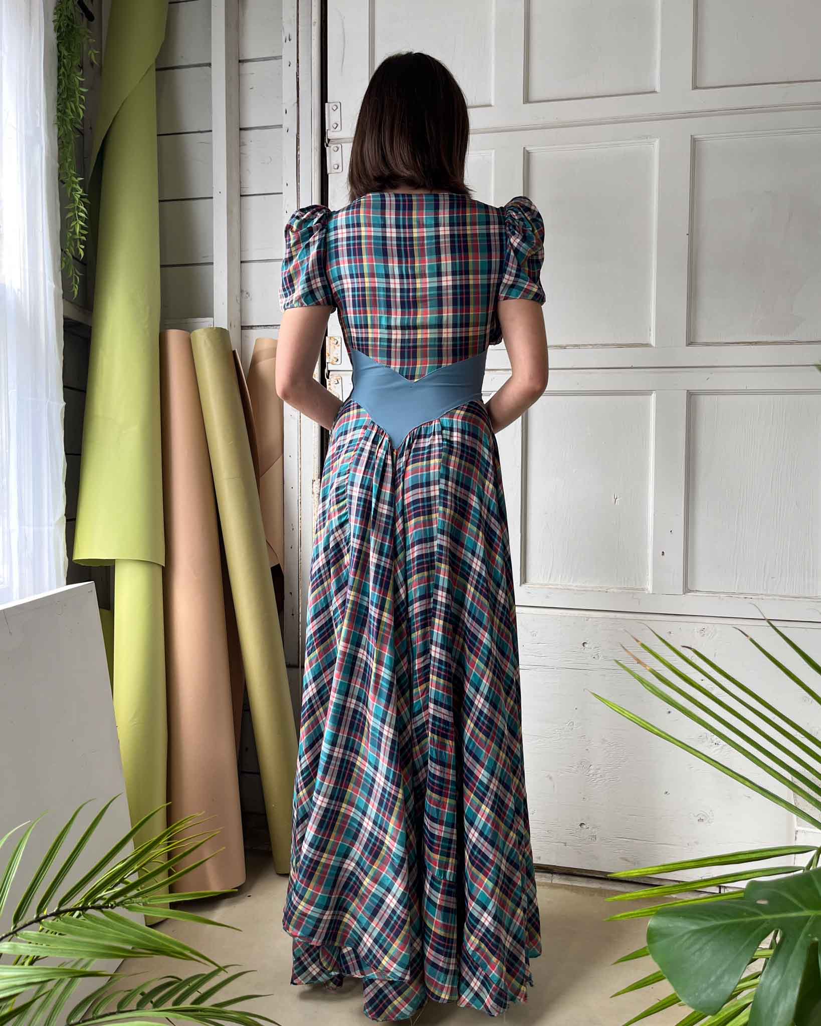 40s Plaid Puff Sleeve Gown | Xs-S 40s Plaid Puff Sleeve Gown | Xs-S
