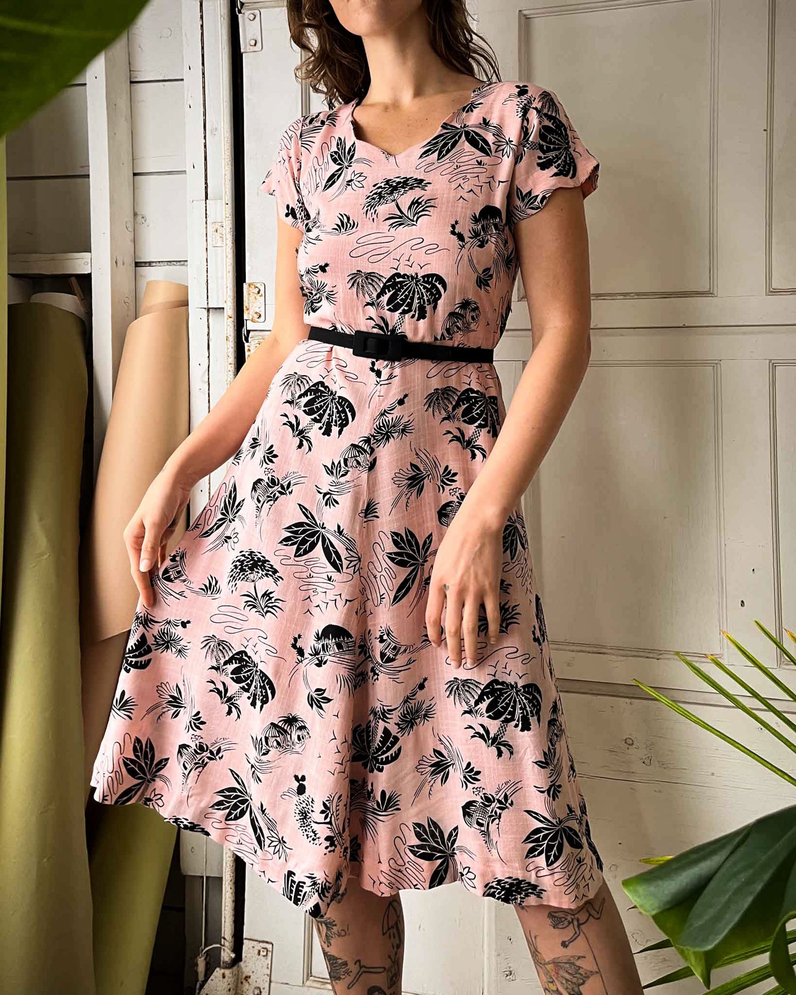 40s Novelty Print Cotton Dress | M