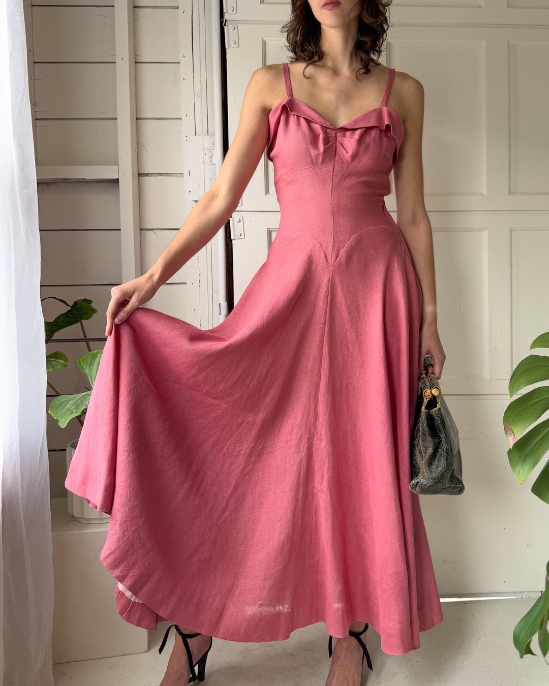 40s Pink Linen Sundress | S