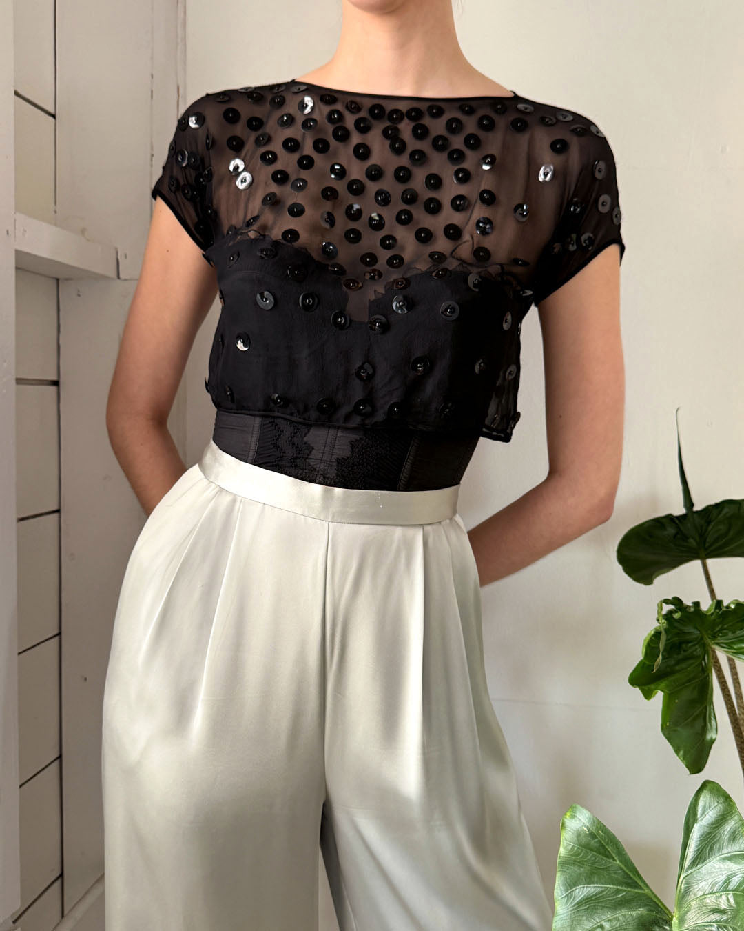 40s Sheer Silk Paillette Top | S-M