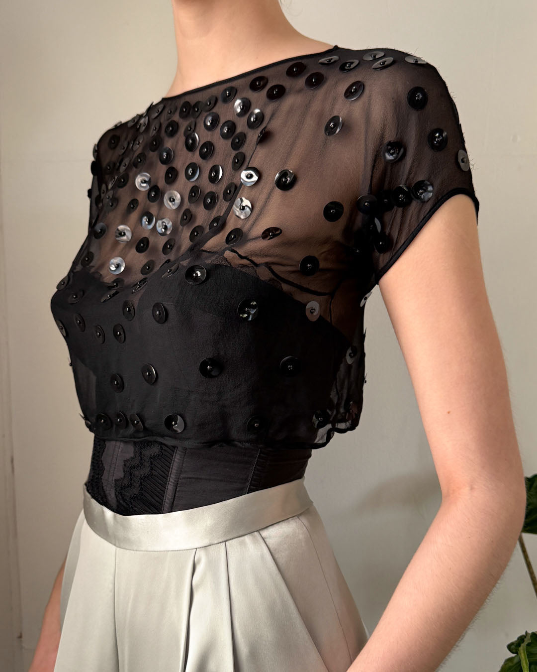 40s Sheer Silk Paillette Top | S-M