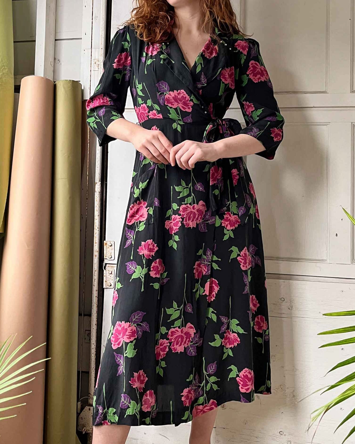 40s Silk Floral Wrap Dress | S-M - Lucky Vintage