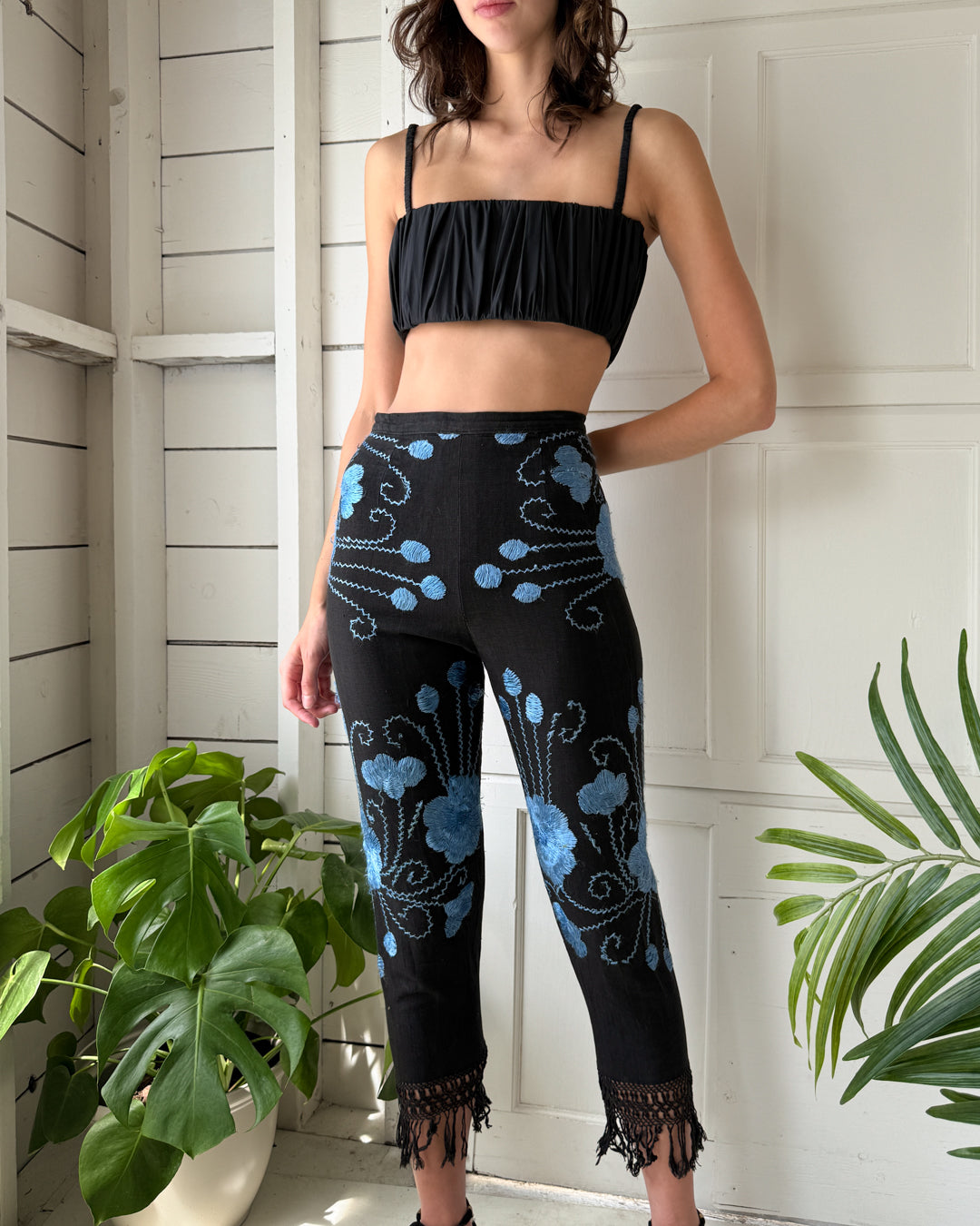 50s Embroidered Linen Pants | S