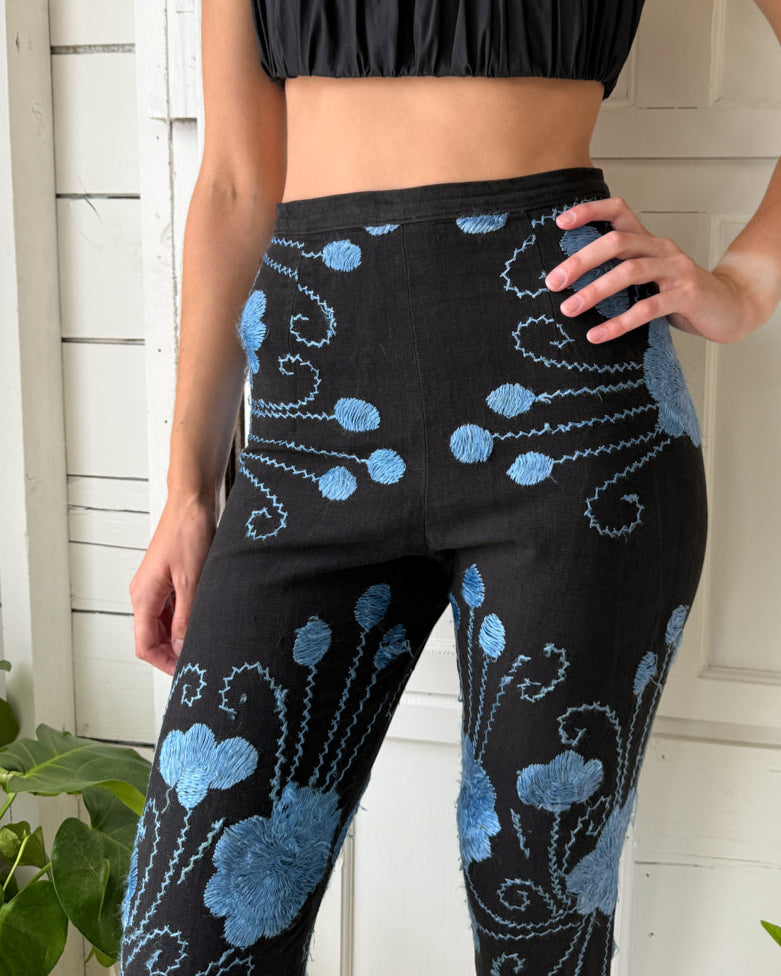 50s Embroidered Linen Pants | S