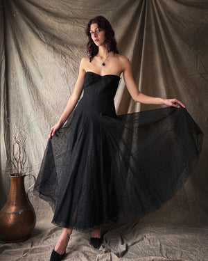 50s Strapless Lace Gown | M