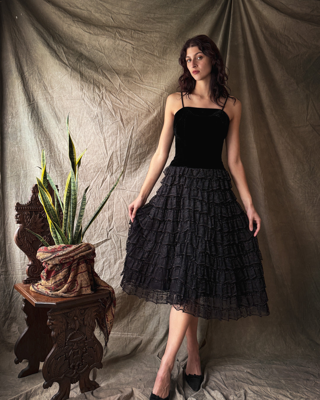 50s Velvet & Lace Dress | XS-S