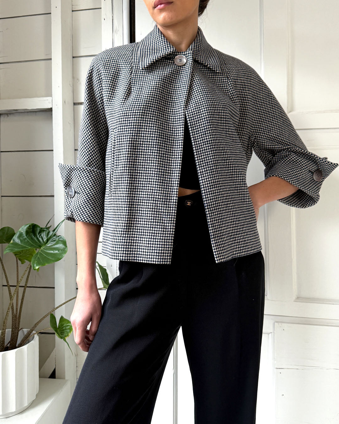50s Houndstooth Cropped Wool Jacket S-M Lucky Vintage