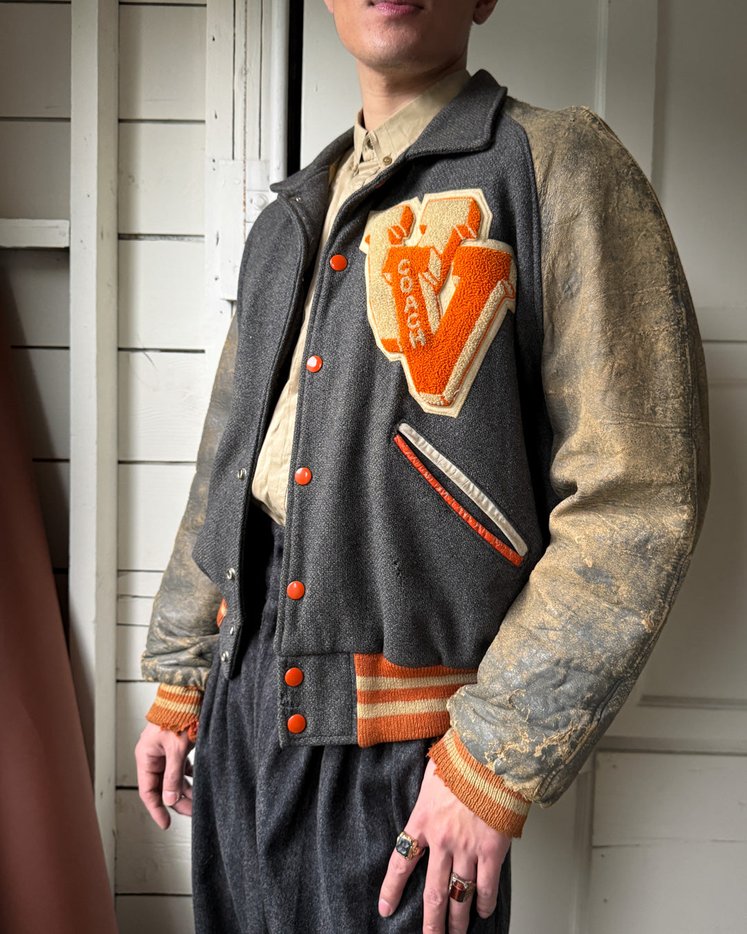 50s Distressed Varsity Coach Jacket } L