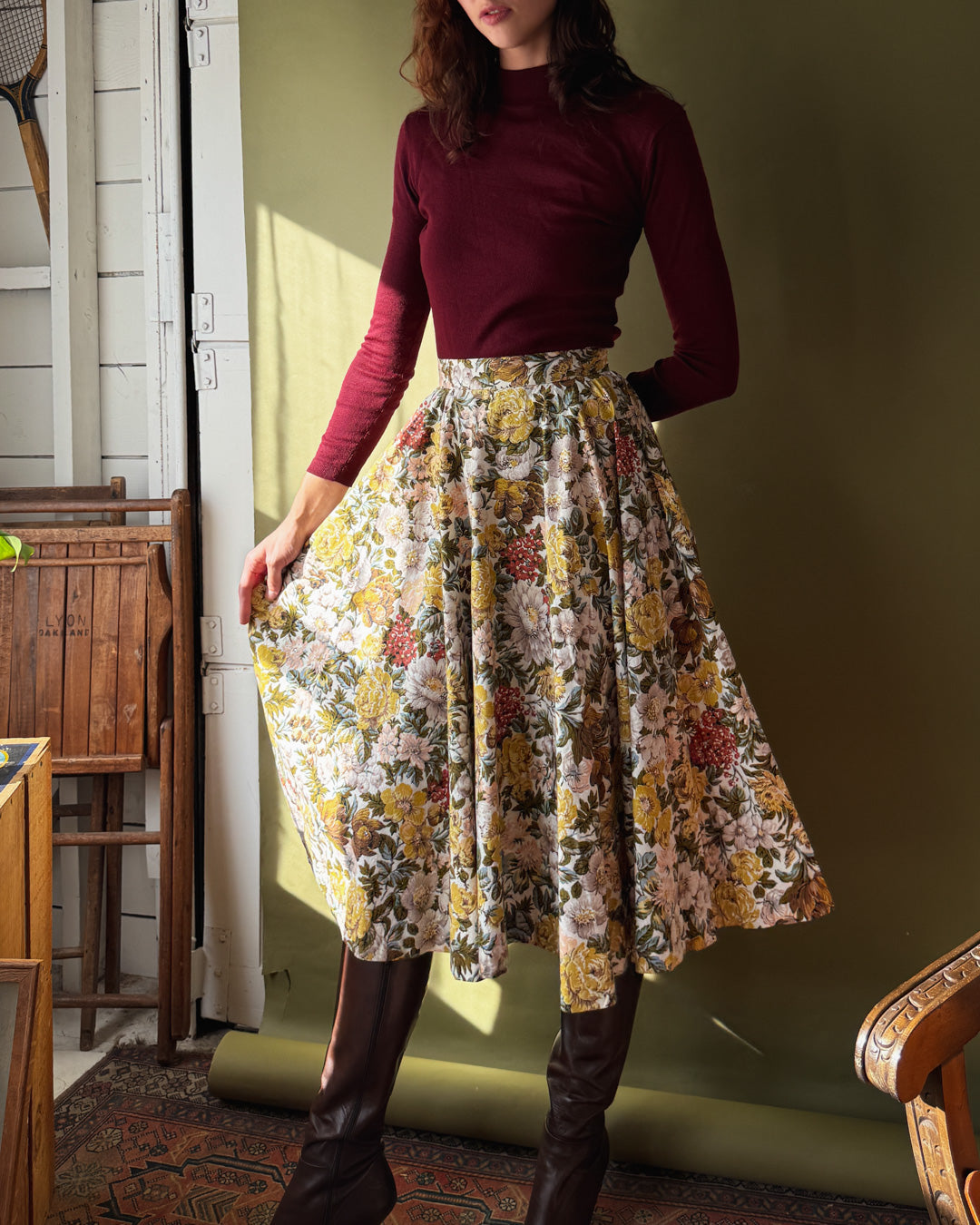 50s Floral Full Skirt | S
