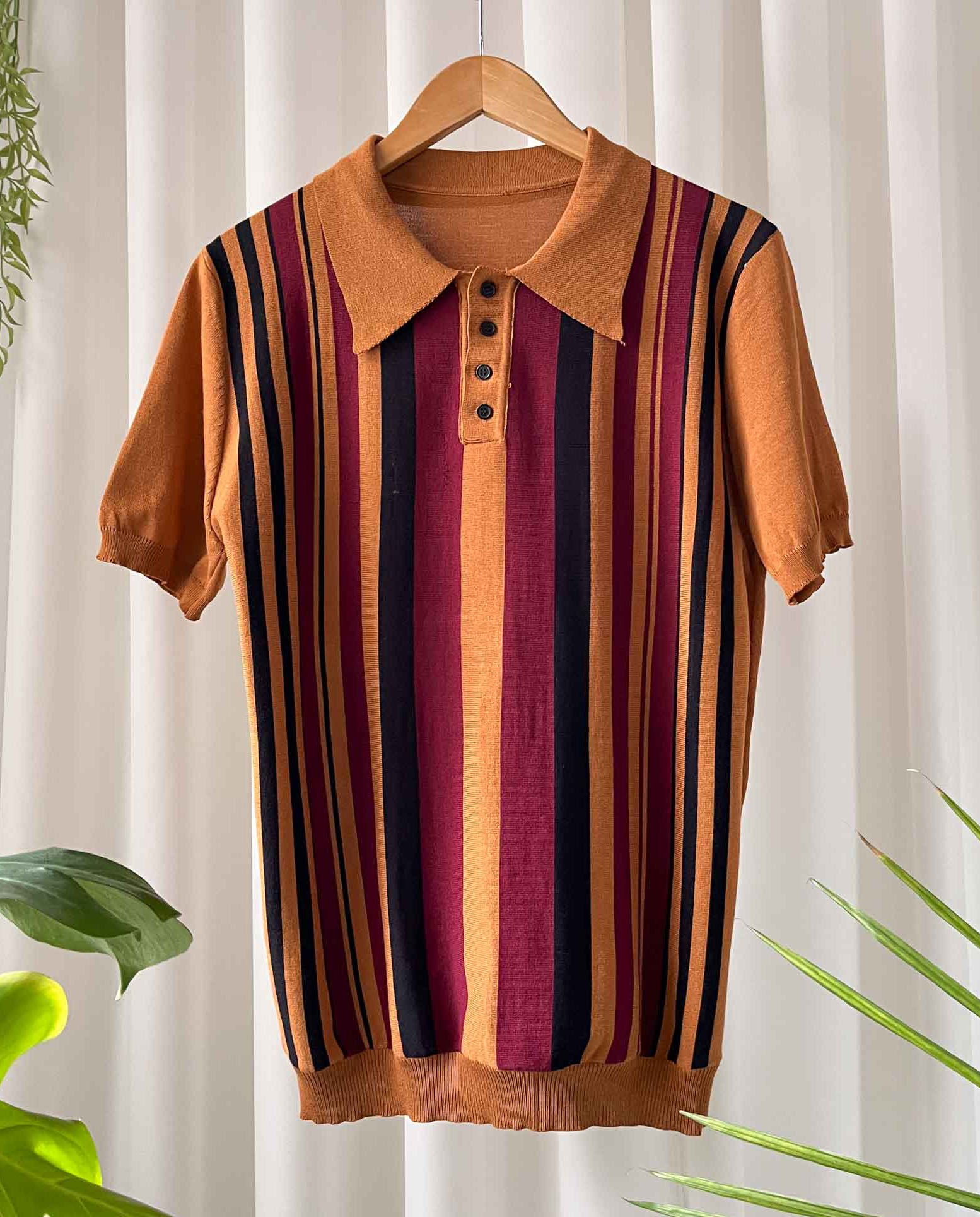 50s Brown Striped Banlon Polo Shirt