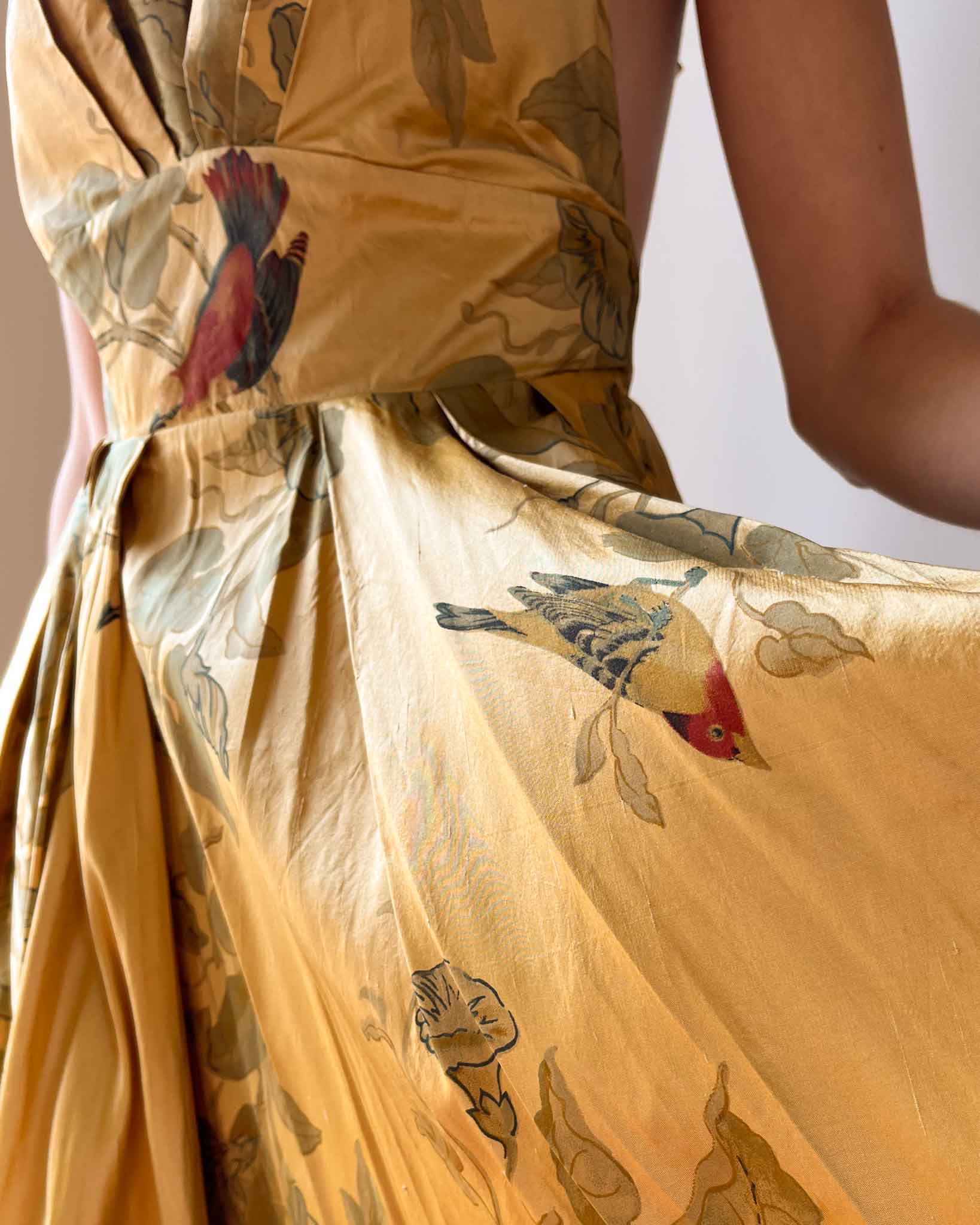 1950s Silk Bird Print Dress | M